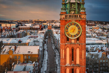 Sunrise in the historic center of Gdansk in winter, Poland.