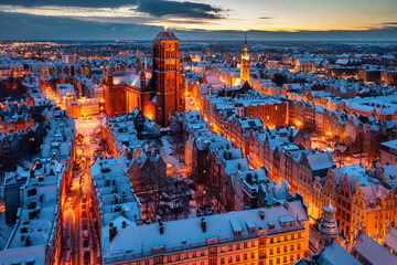 Aerial view of the beautiful main city in Gdansk at winter, Poland