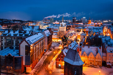 Aerial view of the beautiful main city in Gdansk at winter, Poland