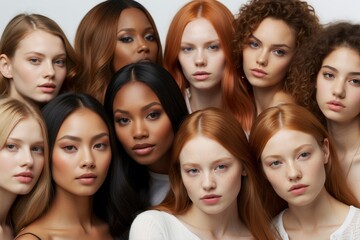 Obraz premium Close-up portrait of a lot of beautiful attractive Multiethnic, multiracial different women with natural beauty looking into the camera.