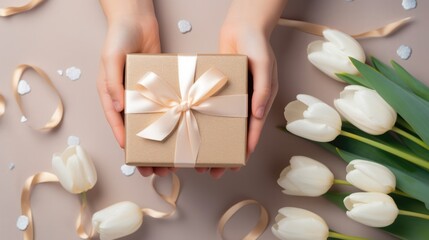 Fototapeta na wymiar Happy mother's day. The child's hands hold a beautiful gift box with a ribbon and white tulips.