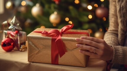 Happy woman opening her present on feeling thankful for getting present in wrapped gift box, celebrating happy birthday or marriage anniversary, international women s day, Merry Christmas.