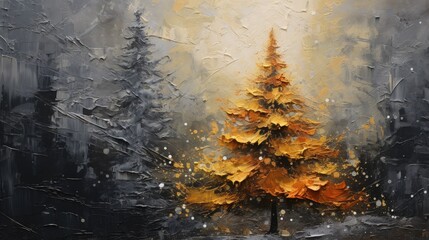 Christmas tree artistic textured impasto painting yellow red dark gray