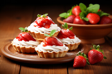 strawberry tart dessert, featuring fresh spring mint leaves and a drizzling of luscious strawberry sauce, beautifully presented on a plate for your tea time indulgence. Generative AI.