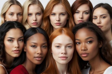 Obraz premium Close-up portrait of a beautiful attractive Multiethnic, multiracial different woman with natural beauty looking into the camera on a white background. Beauty, race, diversity concepts.