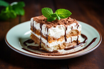 tiramisu, beautifully presented on a white plate atop a marble table. This close-up shot captures the essence of this delectable treat. Selective focus adds a touch of elegance. Generative AI.