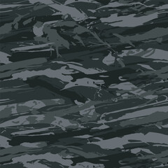 Grunge urban camouflage, black fashion design. Dirty brush stroke hand draw camo, military pattern. Army uniform, fashionable fabric print. Vector seamless monochrome texture - obrazy, fototapety, plakaty