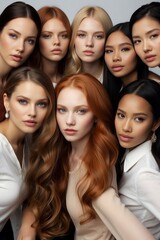 Fototapeta premium Close-up portrait of a beautiful attractive Multiethnic, multiracial different woman with natural beauty looking into the camera on a white background. Beauty, race, diversity concepts.
