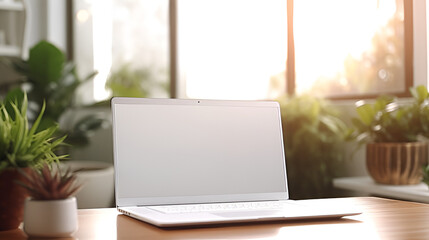 Laptop blank screen on the table by the window in the kitchen in a cozy house,Image of an open laptop on a desk, white screen, a sunlit office blurred in the background, copy space,generative ai
