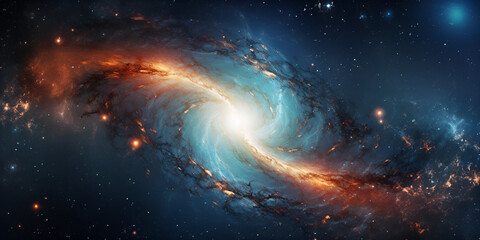 Design an abstract space odyssey through a cosmic expanse of stars and nebulae,A Spiral Galaxy Illuminated by Blue Lights