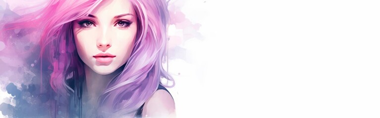 Abstract watercolor portrait of a young woman in purple tones, isolated on white background, horizontal banner, large copy space for text. International Women's Day. Empowered girl, working woman day