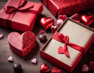 red gift boxes tied with ribbons and sweets in the form of hearts