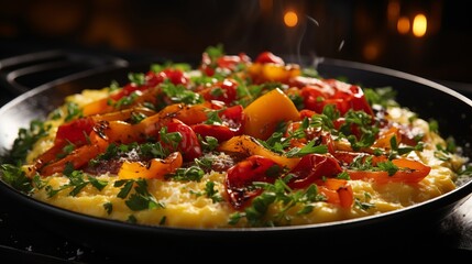 Scrambled eggs with tomatoes and red peppers served - obrazy, fototapety, plakaty