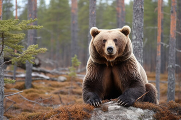 Obraz premium A formidable Ursus arctos, also known as a giant brown Grizzly bear, traverses the lush, pine-filled forest. Generative AI.