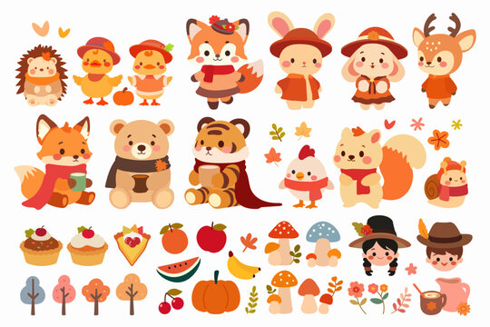 Big set of cute woodland animals gathered together in autumn. The animals include a fox, bear, squirrel, hedgehog, deer, tiger and bunny. Fall season stickers and clipart. Thanksgiving design on white