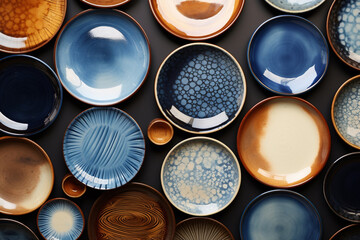 Various ceramic plates and porcelain dishes in blue, brown, and beige tones, neatly arranged on a white background. Generative AI. - obrazy, fototapety, plakaty