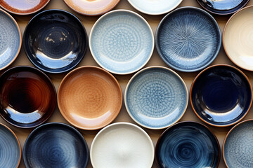 Various ceramic plates and porcelain dishes in blue, brown, and beige tones, neatly arranged on a white background. Generative AI. - obrazy, fototapety, plakaty