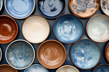 Various ceramic plates and porcelain dishes in blue, brown, and beige tones, neatly arranged on a white background. Generative AI.