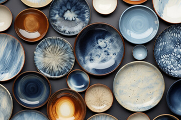 Various ceramic plates and porcelain dishes in blue, brown, and beige tones, neatly arranged on a white background. Generative AI. - obrazy, fototapety, plakaty