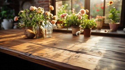 Fototapeta na wymiar Wooden clean table in the kitchen The sun shines