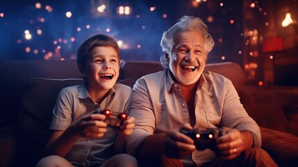 Grandpa and grandson share a heartwarming gaming moment, bonding over their shared love for video games in an intergenerational experience of fun and connection.