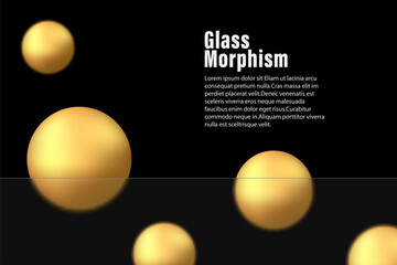Glass morphism effect. Banner made of transparent matte acrylic. Gold gradient circles on a black background. Realistic glass morphism of matte plexiglass shape.