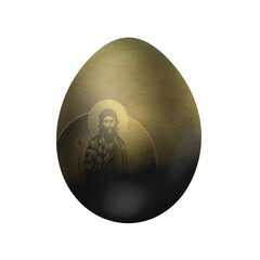 Easter egg in Byzantine style. Creative religious illustration of John the Baptist black and gold on white background