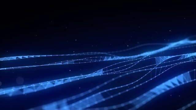 Molecular background with DNA. Network concept. Music sound wave. Big data visualization. Abstract connecting dots on the dark backdrop. 3D rendering.