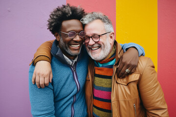 Obraz premium The portrait of a happy best friend elder shunning and having a good time together in the lively city. Generative AI.