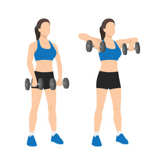 Fototapeta na wymiar Woman doing upright dumbbell rows exercise. Flat vector illustration isolated on white background