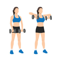 Woman doing upright dumbbell rows exercise. Flat vector illustration isolated on white background © lioputra