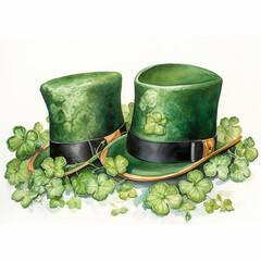 On a white background, two green hats with patterns of flowers and around lie shamrocks