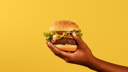 Yummy fast food burger. African American male hand hold tasty hamburger on yellow background....