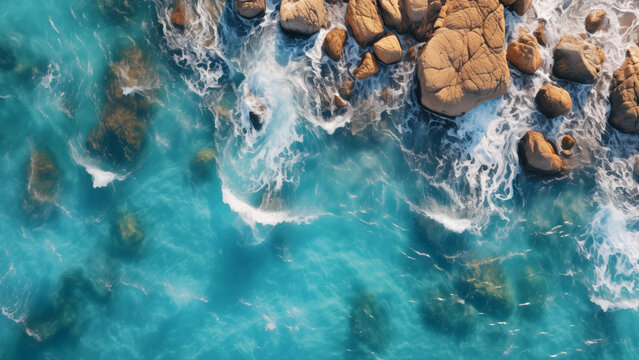 Awesome view of blue waves crashing between rock walls seen from the sky