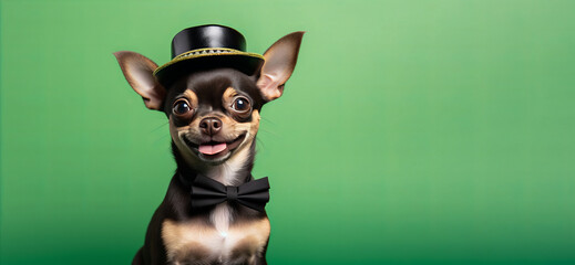 Banner cute Chihuahua puppy in top hat, Stylish and Adorable on green background with copyspace. St. Patrick s Day - obrazy, fototapety, plakaty
