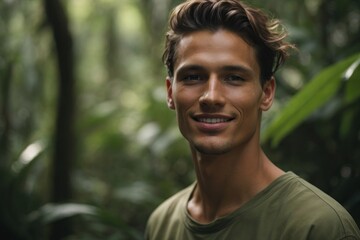 Close-up contrast portrait of a handsome young smiling brunette man with light and shadow on his face on a green background of the tropics. Men's cosmetics, spa, care, positive emotions concepts.