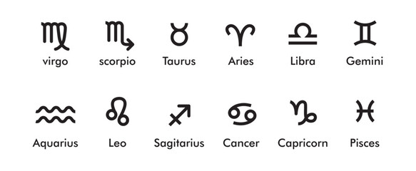 set of zodiac signs vector stroke line - obrazy, fototapety, plakaty
