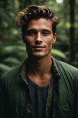 Fototapeta premium Handsome young sexy smiling man in the forest, jungle, tropics, botanical garden.