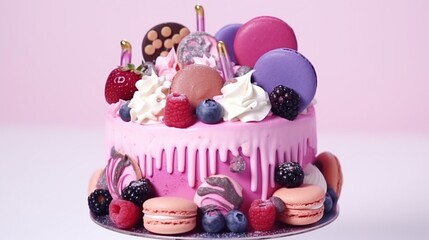 easter pink and purple cake with eggs and bunny