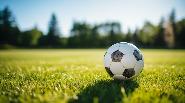 Soccer ball on a sunny field close up with copy space