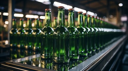 Empty bottles on an assembly line in a manufacturing - obrazy, fototapety, plakaty