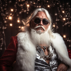 Epic Santa Claus preparing for New Year's celebration

Santa suit with silver sequins and white fur trim, very elegant and expensive.