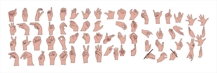 Aquarium Hand vector illustration. Female hands holding and pointing gesture, crossed fingers, fist, peace and thumbs up. Cartoon human palm and wrist vector set. hand sign language for the deaf - obrazy, fototapety, plakaty