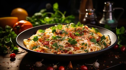 Seafood pasta featuring fresh ingredients set agains