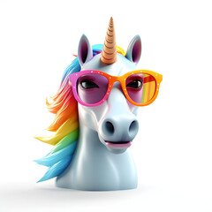Cartoon colorful unicorn with sunglasses on white background