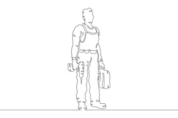 Fototapeta na wymiar A builder works with tools. Man in work clothes.Handyman. Wrench. Repair. One continuous line drawing. Linear. Hand drawn, white background. One line.