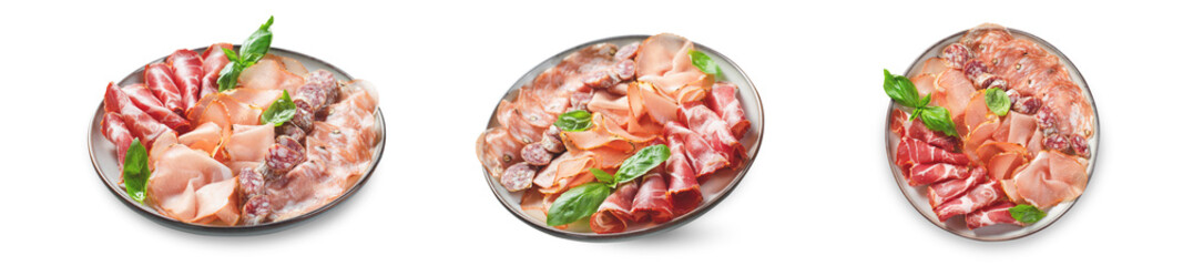 Cured Meat Platter, Antipasto Set, Appetizer Variety on Plate over White Background