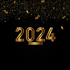 realistic gold new year banner design with shimmer and confetti vector illustration.