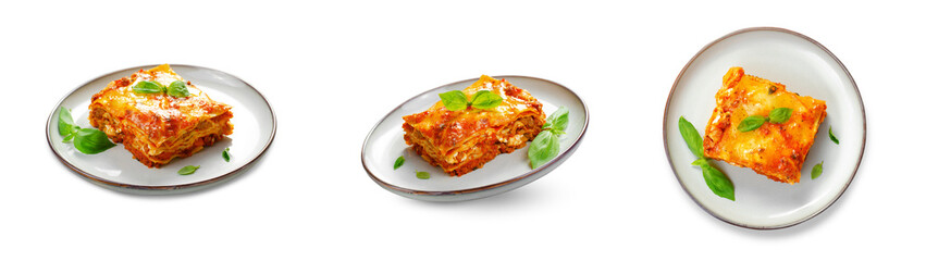 Delicious Homemade Lasagna with Bolognese Sauce on White Background, Italian Cuisine, Tasty Baked Lasagna