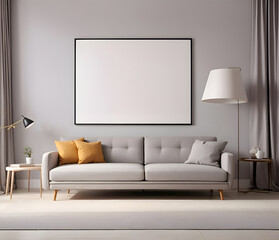 Elegant living room interior with modern grey walls and sofa. Simple interior, suitable for wall art and frame display, template, mockup.